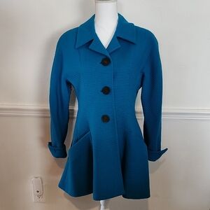 100 % Wool Stylish Aqua Blue Ribbed Coat with Black Buttons